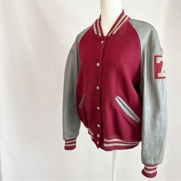 Vintage 50s Leather Wool 71 Varsity Letterman Jacket Snap Button Burgundy 42 Med - Picture 6 of 16